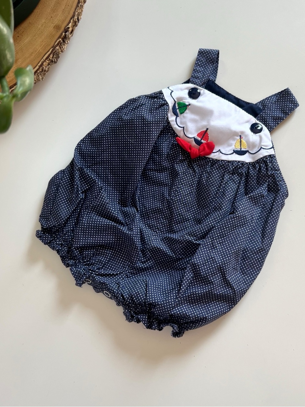 Vintage Navy French Dot Nautical Boat Bubble Romper | 0-6m - Picture 1 of 5